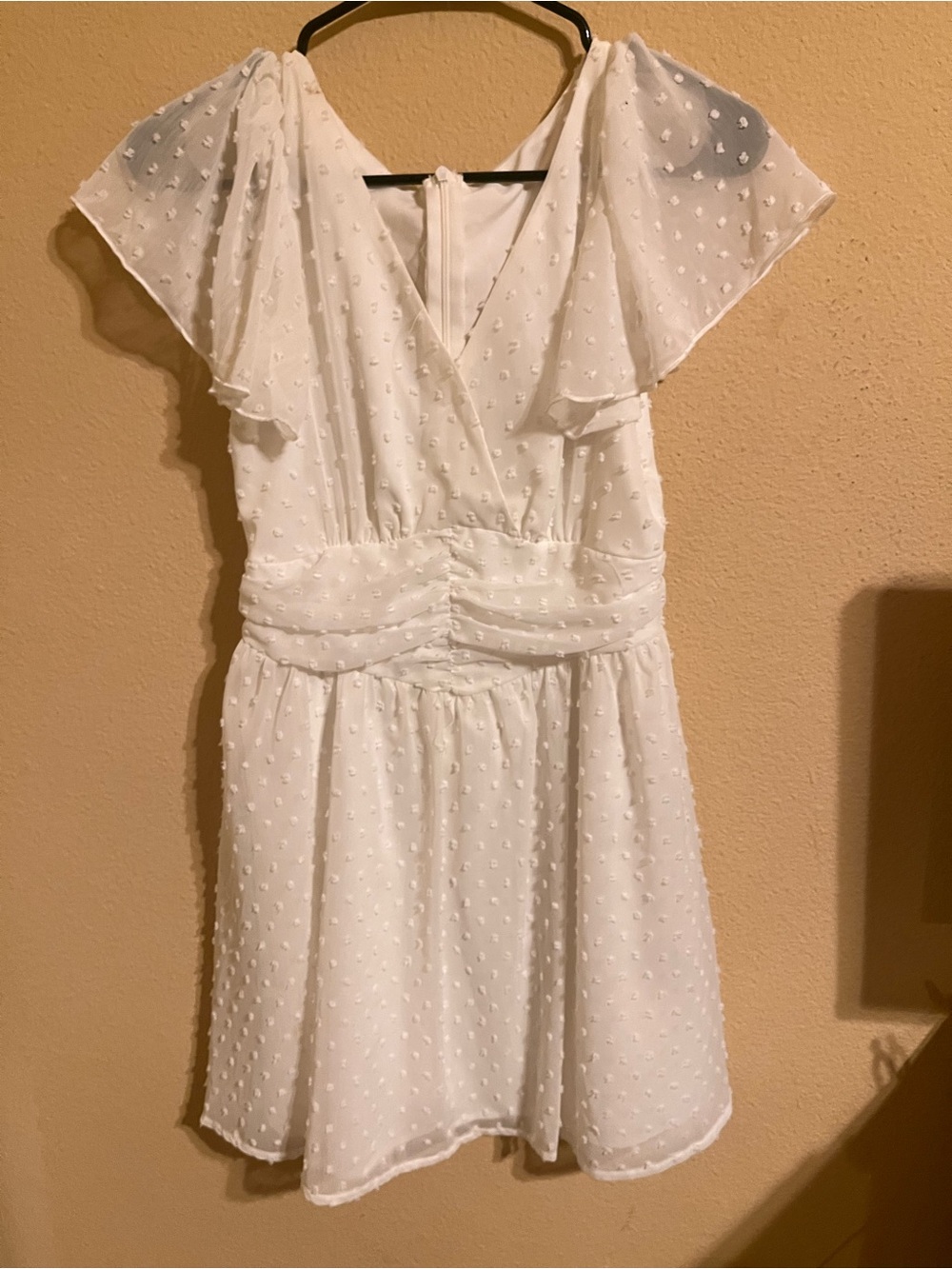White Swiss Dot Flutter Sleeve Dress